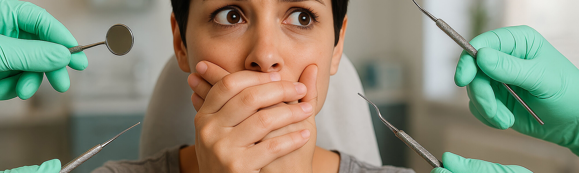 Person im Zahnarztstuhl hält sich ängstlich den Mund zu, während mehrere Hände mit zahnärztlichen Instrumenten auf sie gerichtet sind.