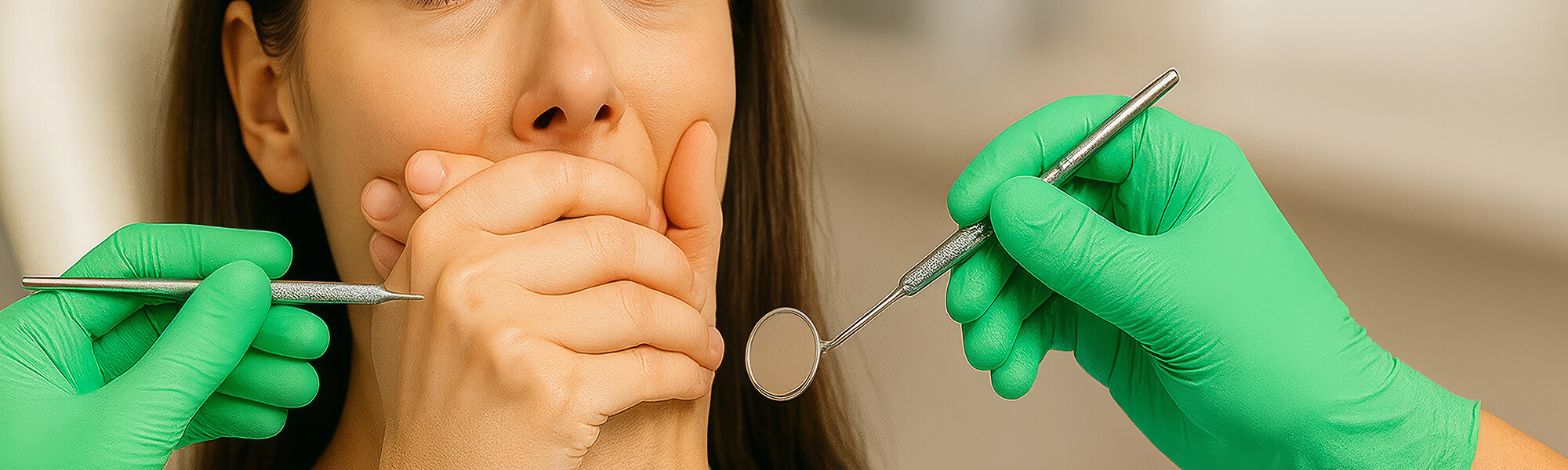 Person im Zahnarztstuhl mit nervösem Gesichtsausdruck, hält sich den Mund zu, während grün behandschuhte Hände zahnärztliche Instrumente halten.