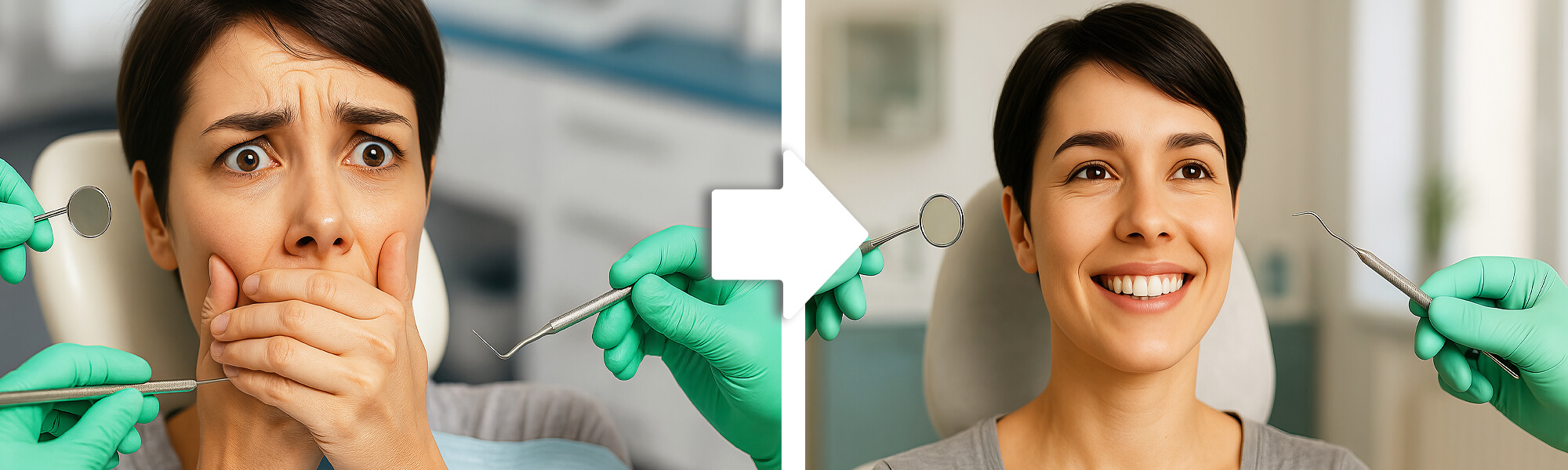 Bildvergleich: links ängstliche Person im Zahnarztstuhl mit verdecktem Mund, rechts dieselbe Person entspannt und lächelnd beim Zahnarzt.