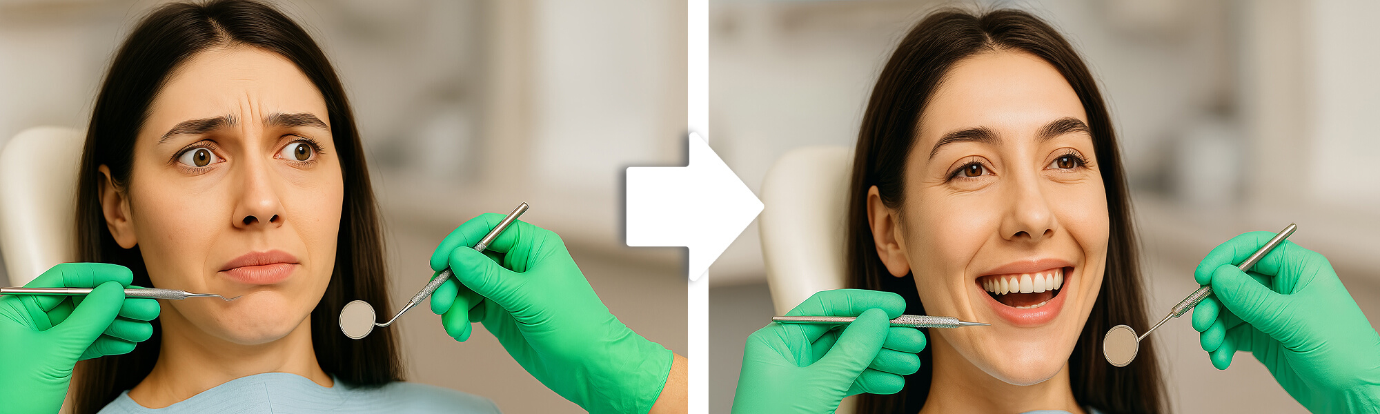 Bildvergleich: links besorgte Person im Zahnarztstuhl, rechts dieselbe Person nach der Behandlung lächelnd und entspannt.