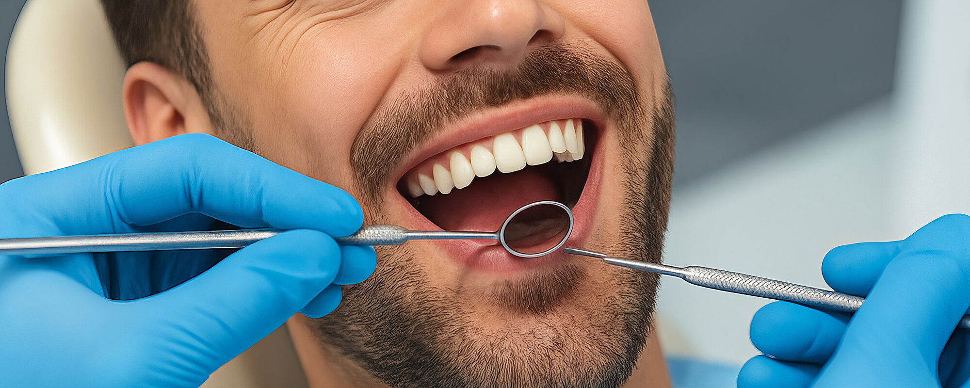 Patientsitzt im Zahnarztstuhl und wird behandelt.