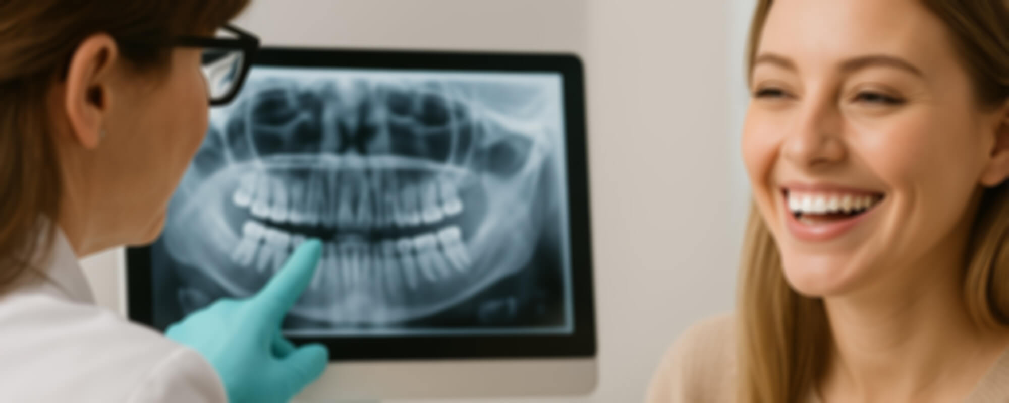 Modell eines Gebisses mit eingesetztem Zahnimplantat steht auf einem Schreibtisch neben zahnärztlichen Instrumenten und einem Klemmbrett.