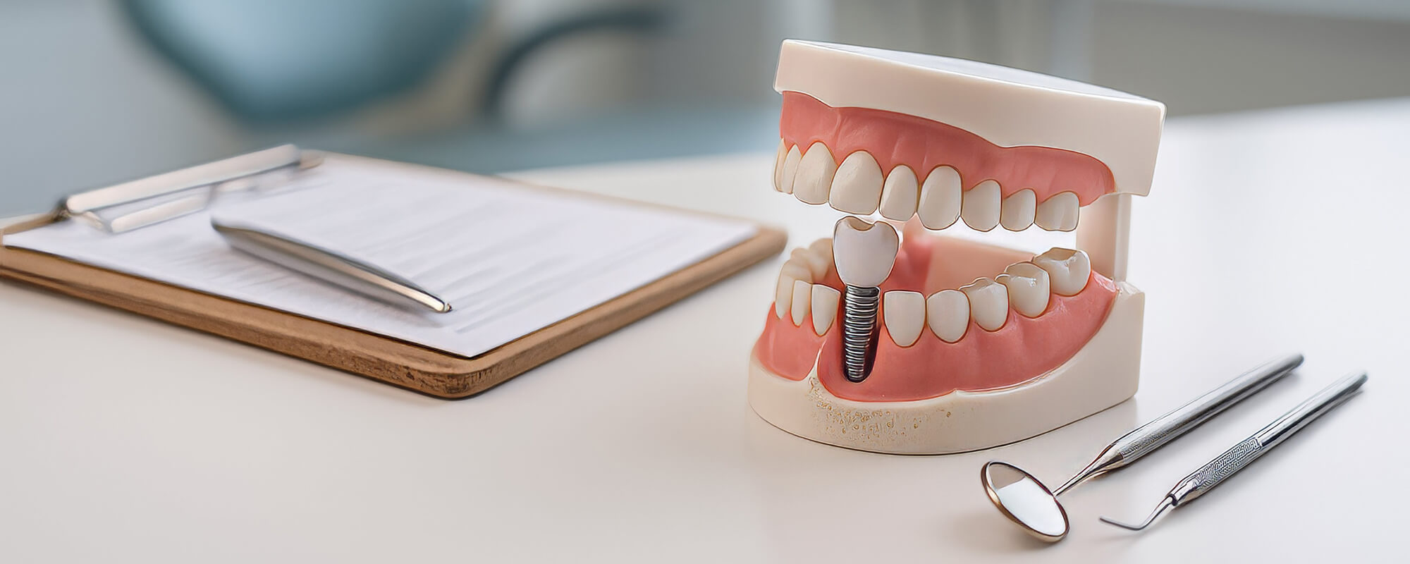 Patient betrachtet ein Röntgenbild seiner Zähne, das ihm vom Zahnarzt im Behandlungsstuhl gezeigt wird.