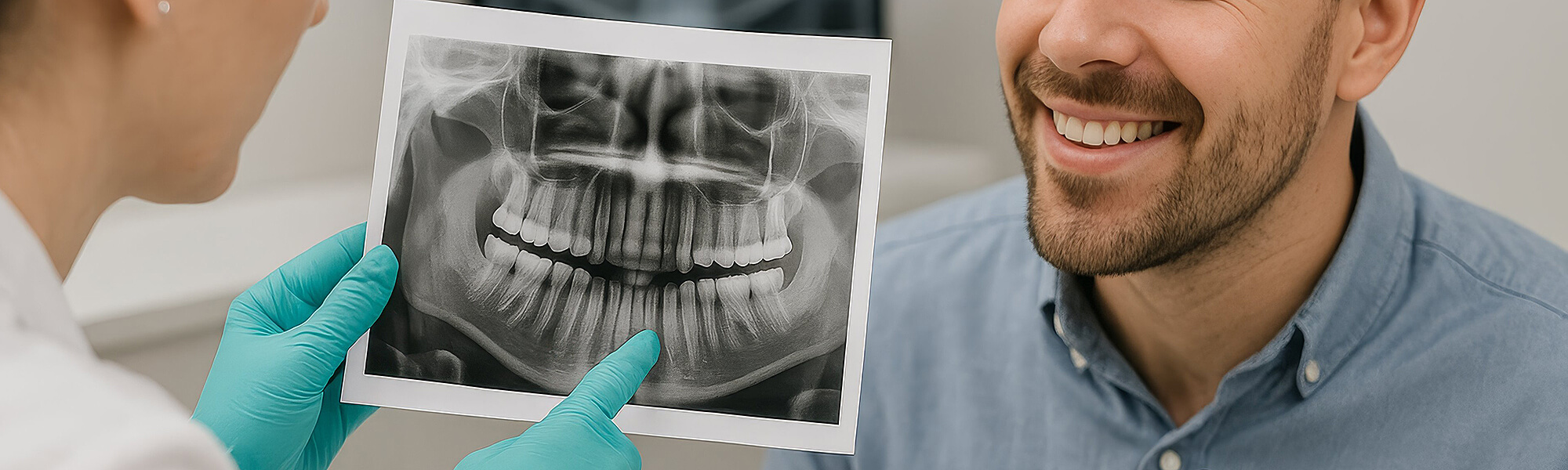 Röntgenaufnahme mit Zahnimplantat und Gebiss, daneben ein Patient der dies erklärt bekommt.