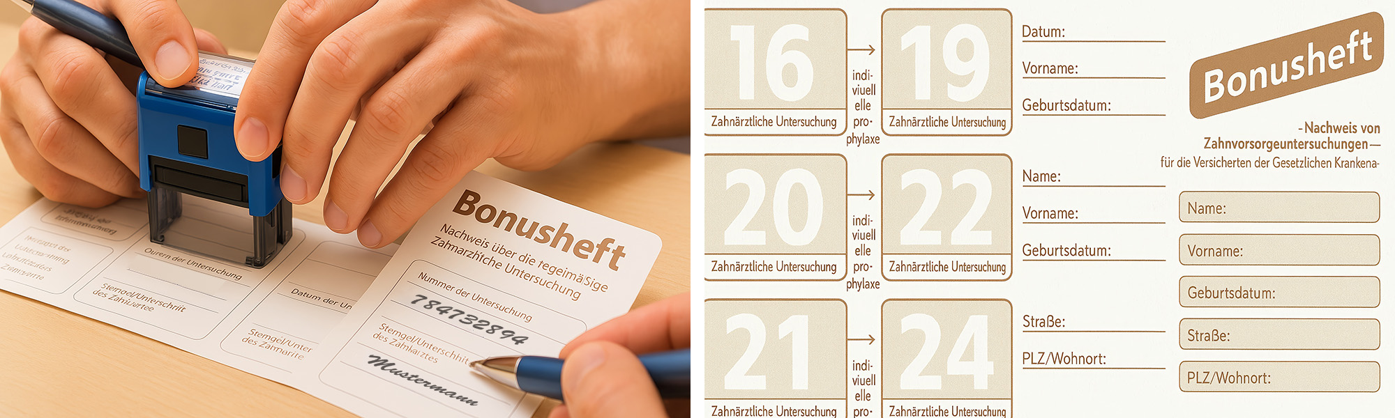 darstellung eines Bonusheftes wo man eine hand zieht die ein Stempel darauf setzt sowie links eine ähnliche Mustervorlage