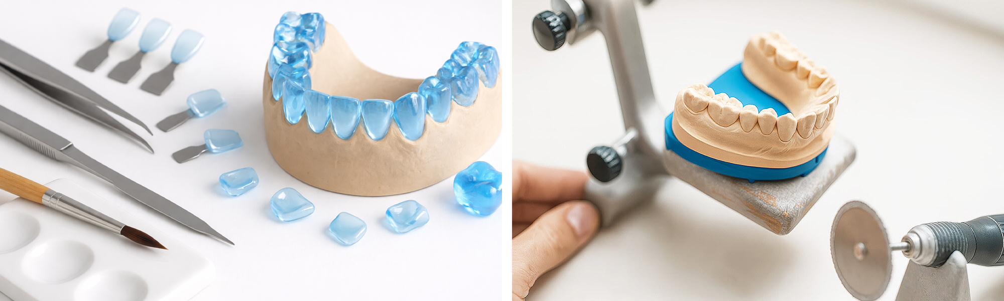 Zahntechniker hält ein Gebissmodell und arbeitet daran mit einem Schleifwerkzeug.