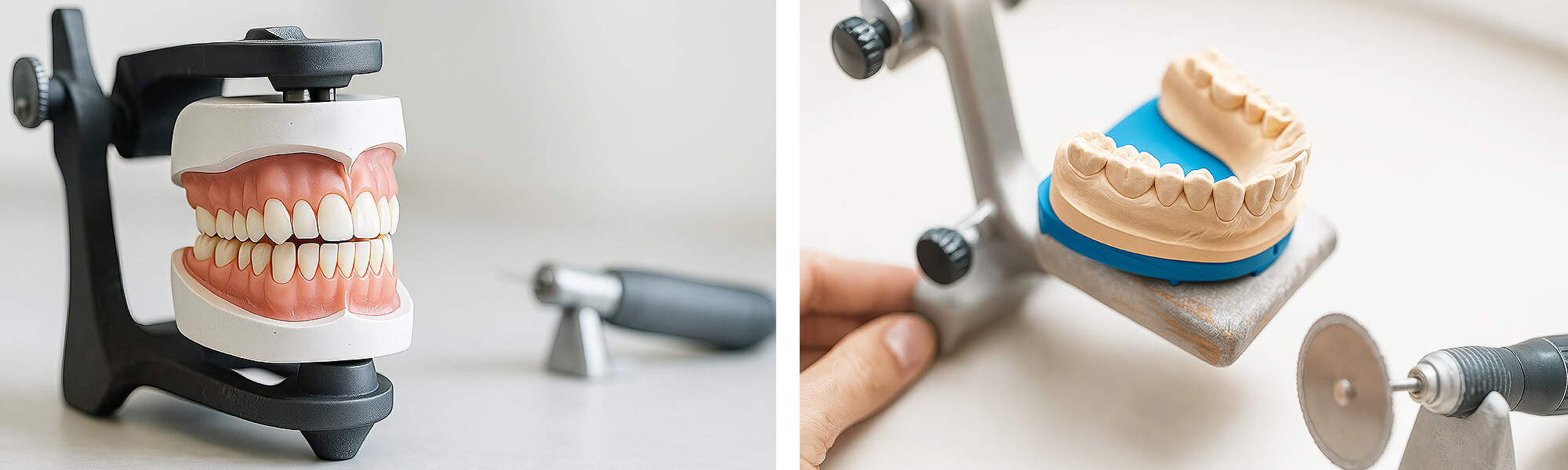 Zahntechnisches Modell im Halter, Zahntechniker arbeitet präzise mit Schleifwerkzeug an einer Zahnreihe.