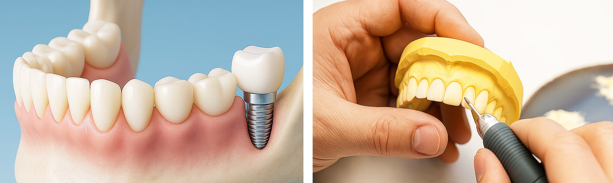 Künstliches Gebissmodell mit Zahnimplantat und Zahnkrone, daneben Hand des Zahntechnikers beim Bearbeiten.