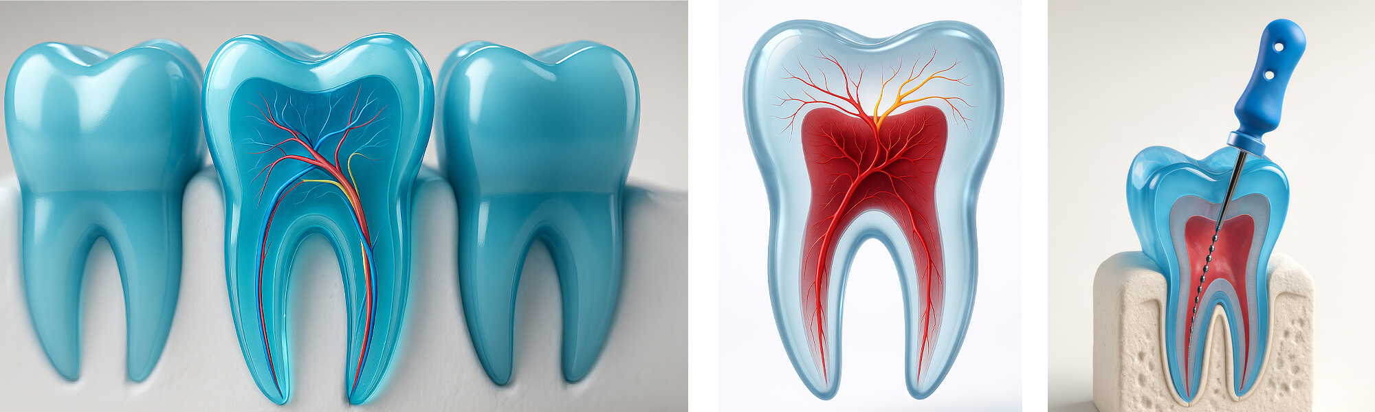Grafik von drei blauen Zahnmodellen mit Darstellung des Zahninneren und der Blutgefäße, rechts Zahn mit Instrument im Wurzelkanal.