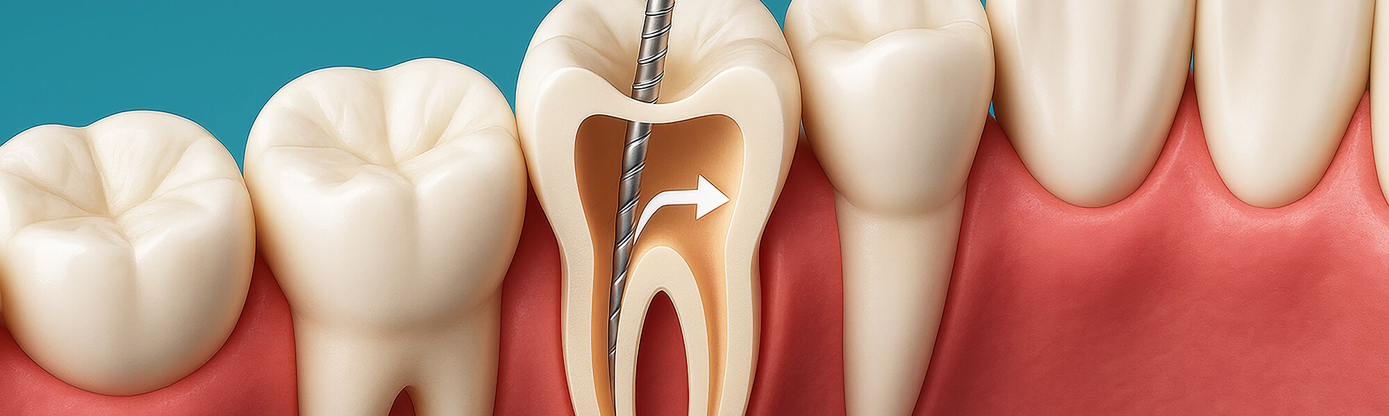 Grafik eines Zahnschnitts mit eingesetztem Instrument bei der Wurzelbehandlung, Pfeil zeigt den Arbeitsweg der Feile im Wurzelkanal.