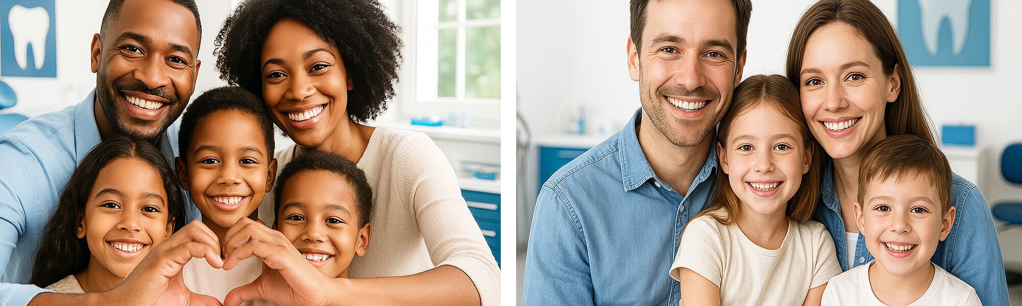 Zwei Familien mit Kindern in zahnärztlicher Praxis, alle lächeln freundlich, im Hintergrund blaue Einrichtung mit Zahn-Symbolen.