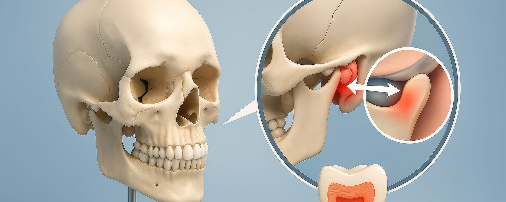 Darstellung eines Schädels mit Fokus auf das Kiefergelenk; vergrößerter Ausschnitt zeigt eine Entzündung im Gelenkbereich, markiert durch roten Bereich und Pfeil.