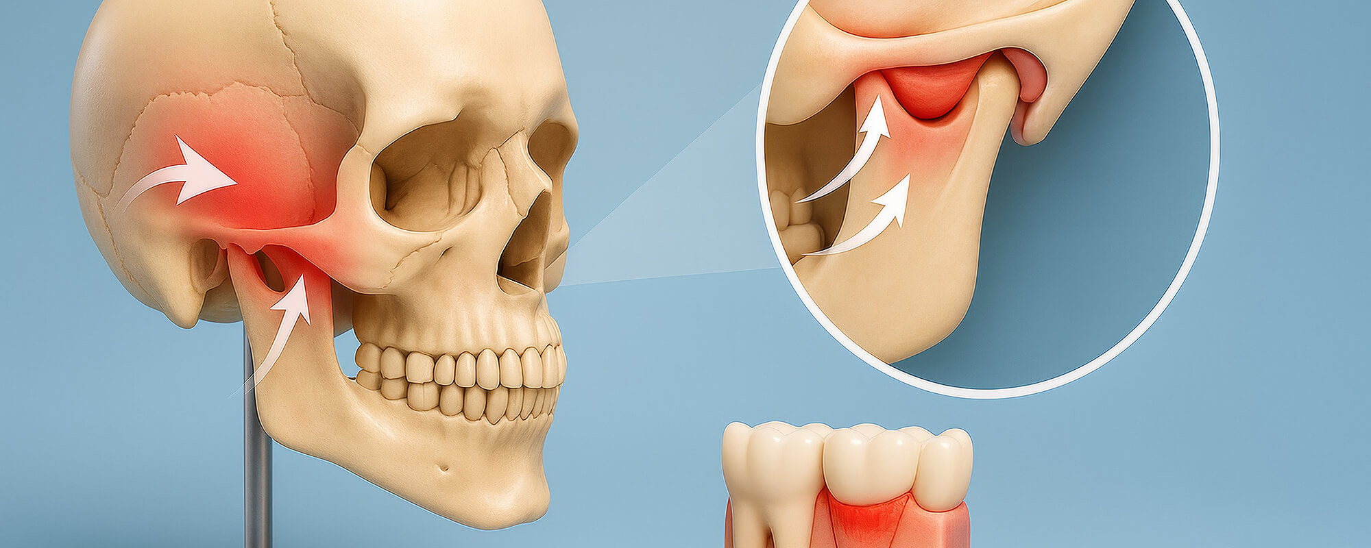 Seitenansicht eines Schädels mit markierter Entzündung im Kiefergelenk; Pfeile zeigen die Richtung der Schmerz- und Druckausbreitung.