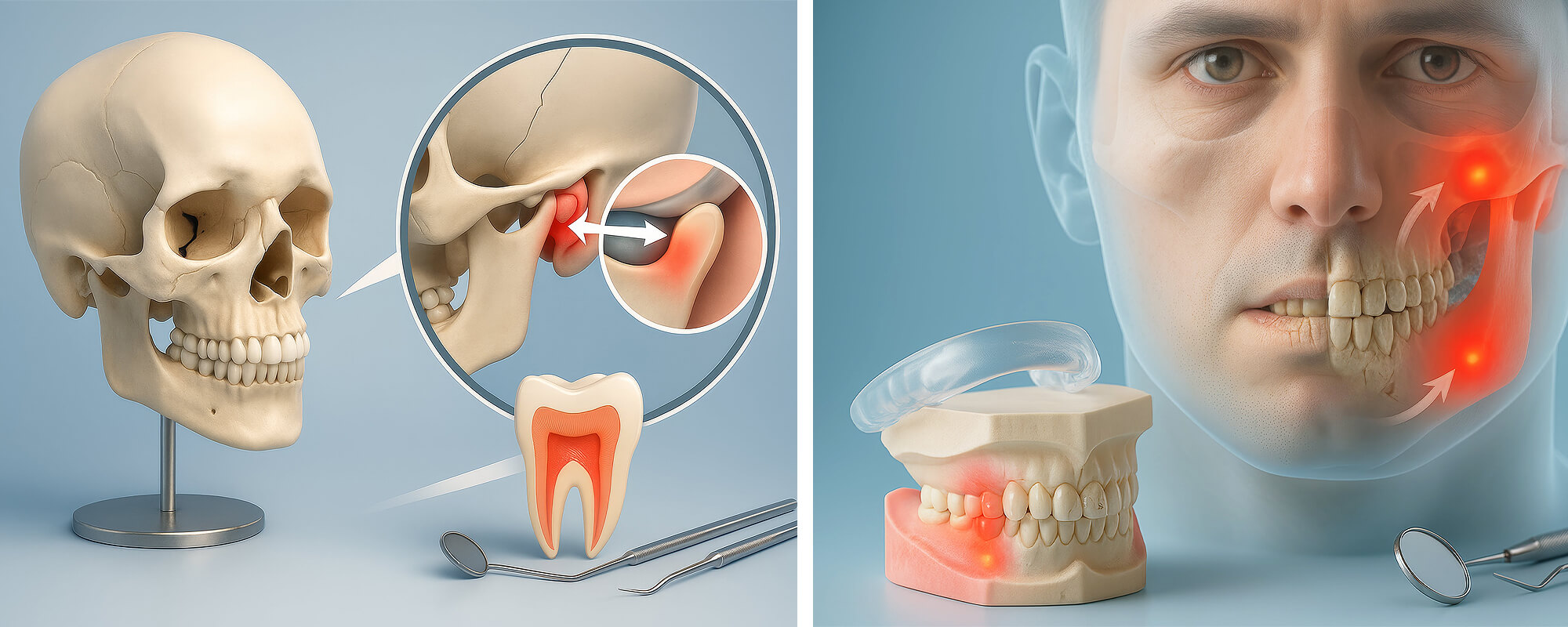 Zweiteilige Darstellung: links Schädelmodell mit markierter Entzündung im Kiefergelenk, rechts Gesichtshälfte mit sichtbaren Schmerzpunkten und Pfeilen zur Kieferregion.