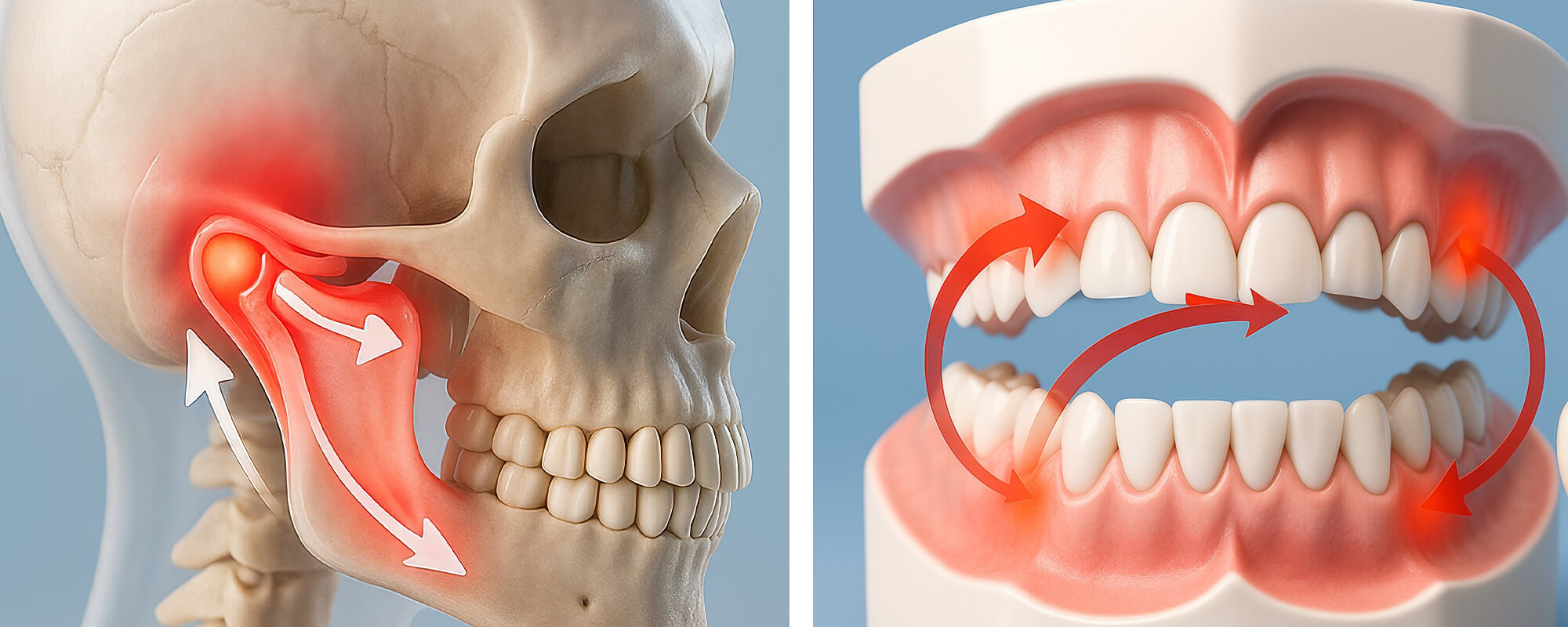 Zweiteilige Darstellung: links Schädel mit rotem, entzündetem Kiefergelenkbereich, rechts geöffnetes Gebissmodell mit Pfeilen zur Darstellung der Kieferbewegung.