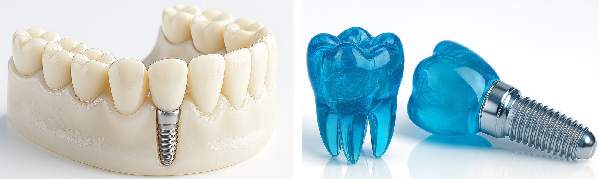 Zahnimplantatmodell mit Metallbasis und Zahnkrone im Kiefermodell, daneben ein zweites Modell im Querschnitt zur Darstellung der Einheilung.