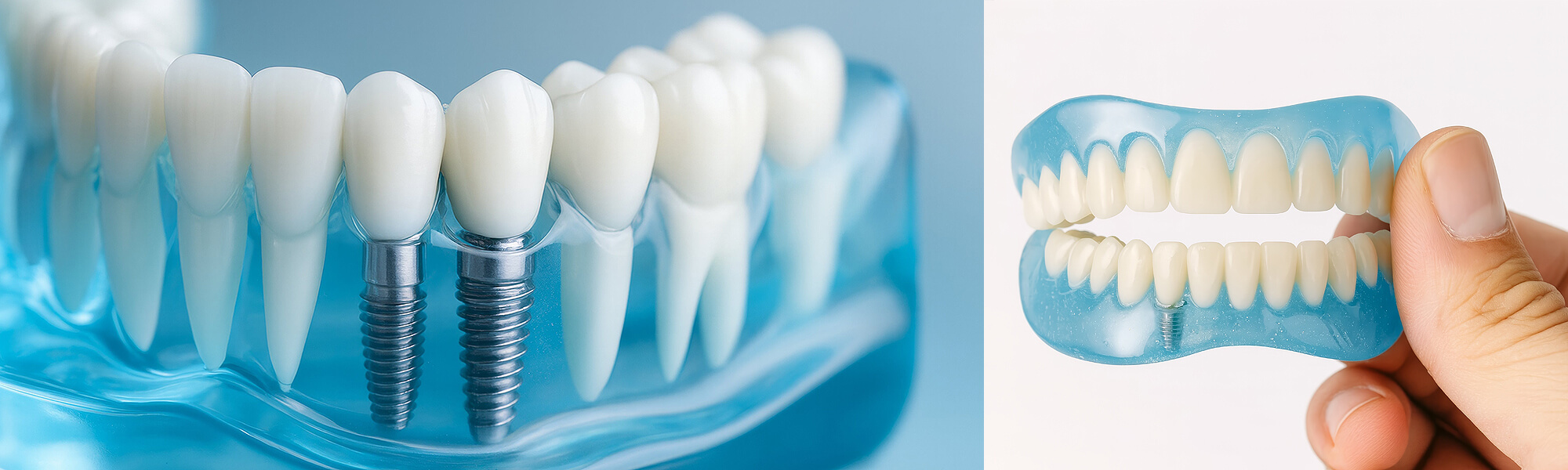 Zahnmodell mit eingesetzten Implantaten und Zahnkronen, daneben ein herausnehmbares Zahnmodell in blauer Farbe, das von einer Hand gehalten wird.