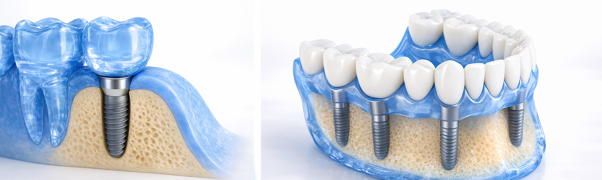 Grafische Darstellung eines Zahnimplantats im Kieferknochen mit sichtbarer Schraube und eingesetzter Zahnkrone, daneben Modell mit mehreren Implantaten im Zahnfleisch.