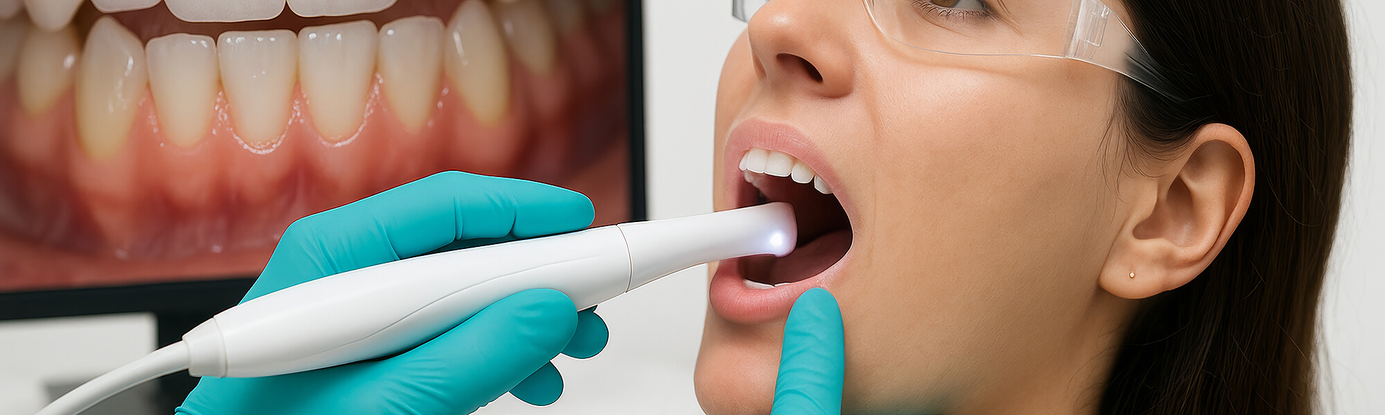 Zahnärztliche Untersuchung mit intraoraler Kamera; eine Patientin mit Schutzbrille öffnet den Mund, während die Kamera von einer behandschuhten Hand geführt wird.