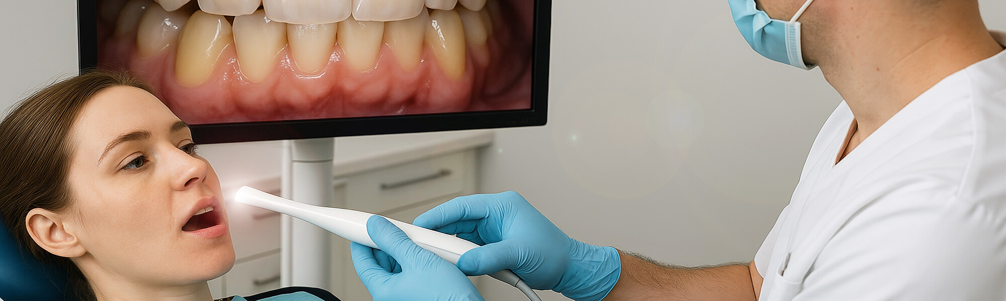 Zahnarzt mit blauen Handschuhen nutzt eine intraorale Kamera zur Untersuchung, Patientin sitzt im Behandlungsstuhl und hält den Mund geöffnet, im Hintergrund Monitor mit Zahnaufnahme.