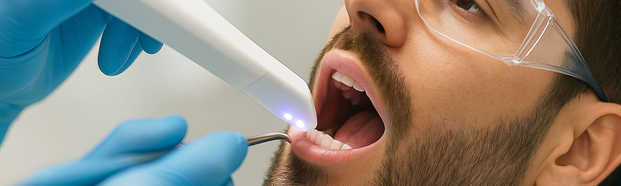 Nahaufnahme eines Patienten mit Schutzbrille, der den Mund öffnet, während eine intraorale Kamera und ein zahnärztliches Instrument von behandschuhten Händen verwendet werden.