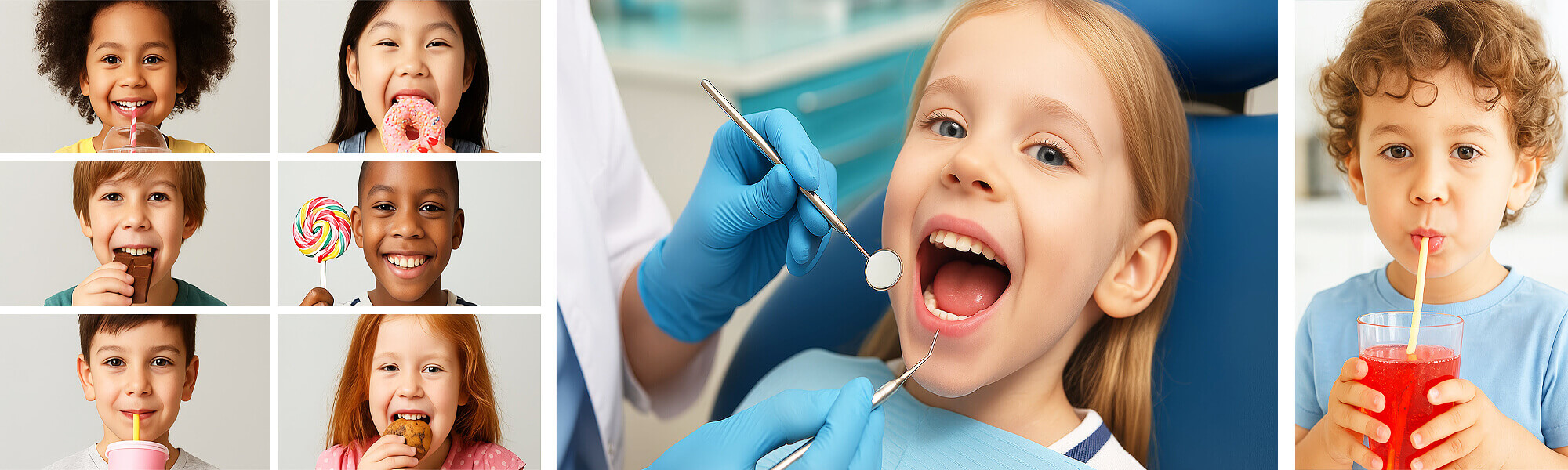 Ein Kind, das keine Angst vor dem Zahnarzt hat und sich ruhig behandeln lässt, sowie mehrere Kinder die Süsses essen.