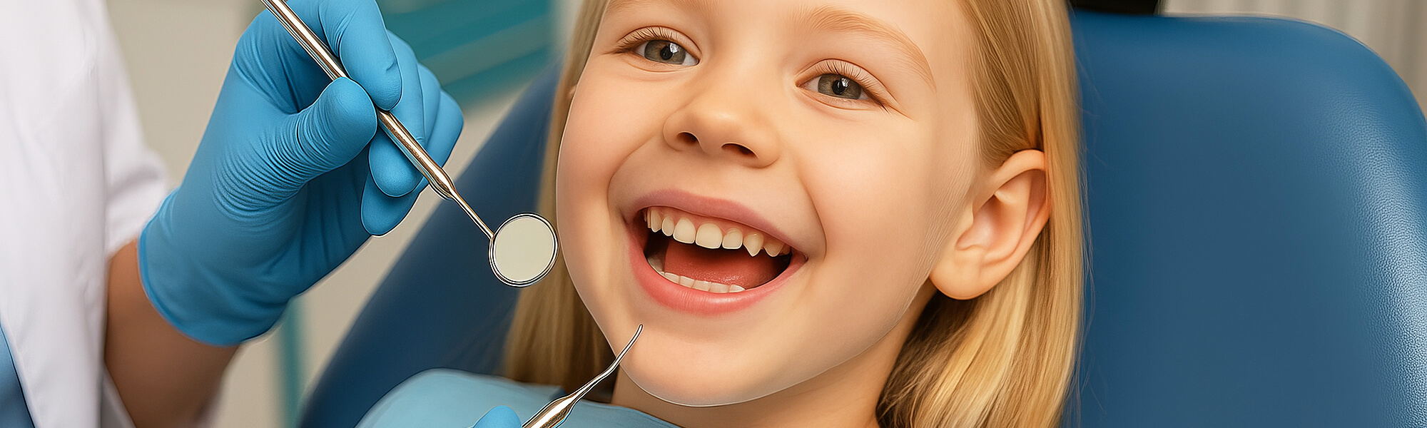 Lächelndes Kind sitzt im Zahnarztstuhl, während eine behandschuhte Hand einen Zahnspiegel vor den geöffneten Mund hält.