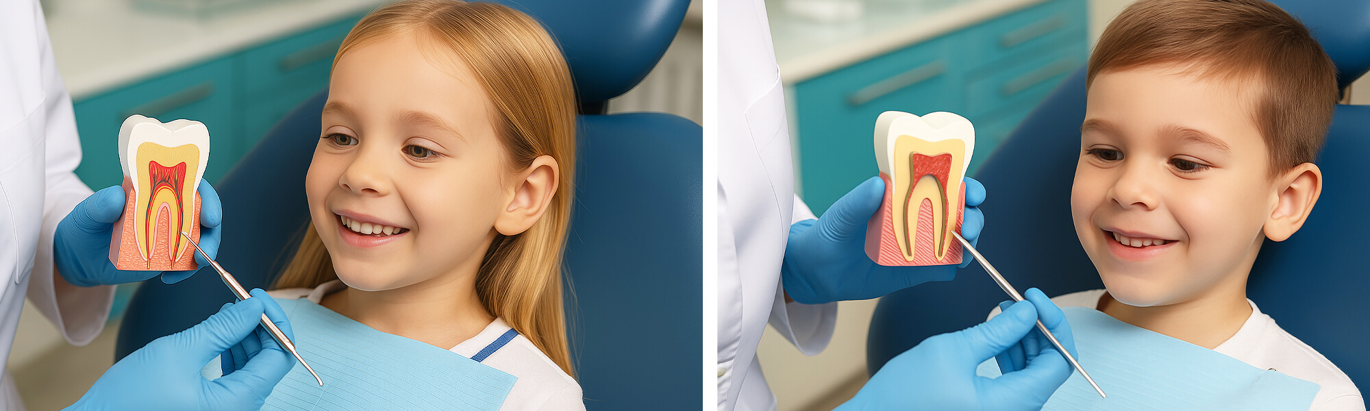 Zweiteiliges Bild: links lächelndes Mädchen im Zahnarztstuhl mit Zahnmodell und Instrument, rechts lächelnder Junge im Zahnarztstuhl mit demselben Zahnmodell.