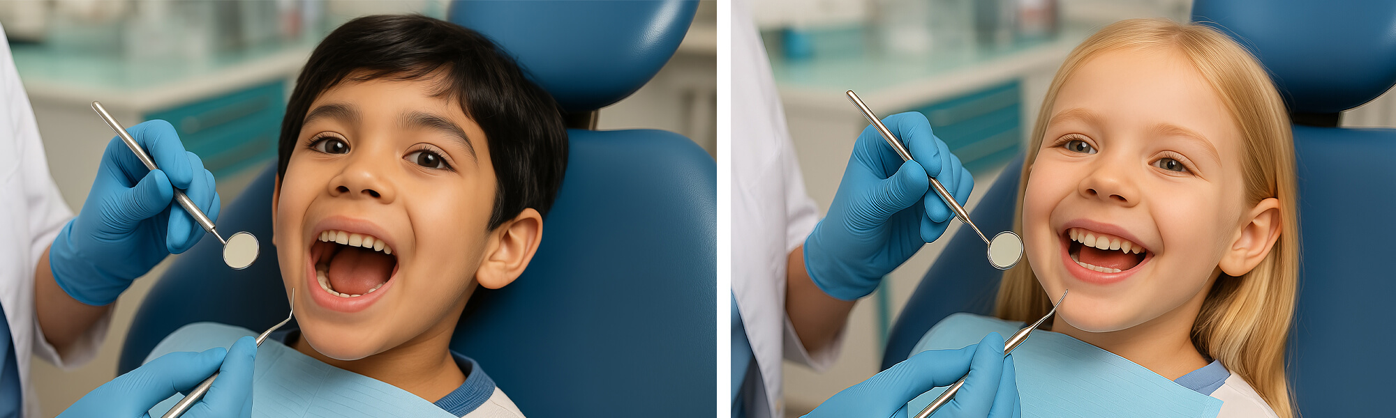 KinderzahnhZweiteiliges Bild: links Junge im Zahnarztstuhl mit geöffnetem Mund während einer Untersuchung, rechts Mädchen im Zahnarztstuhl bei einer Zahnkontrolle.eilkunde