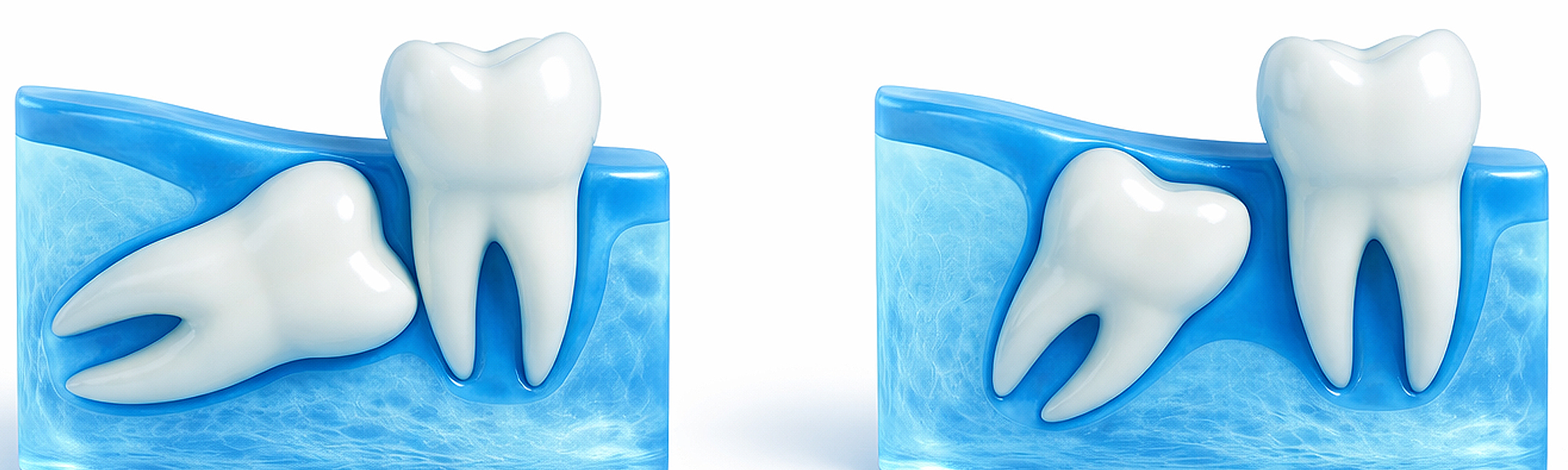 Dreiteilige Grafik eines verlagerten Weisheitszahns: links schräg wachsender Zahn mit Markierung, mittig horizontal liegender Zahn unter dem Zahnfleisch, rechts normal durchgebrochener Weisheitszahn.