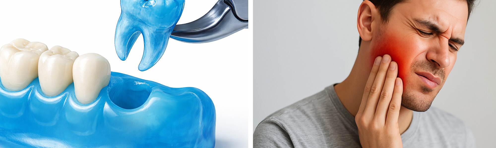Zweiteiliges Bild: links extrahierter stark beschädigter Zahn wird mit Zange aus dem Kiefermodell gezogen, rechts hält ein Mann mit schmerzverzerrtem Gesicht seine rot markierte Wange.
