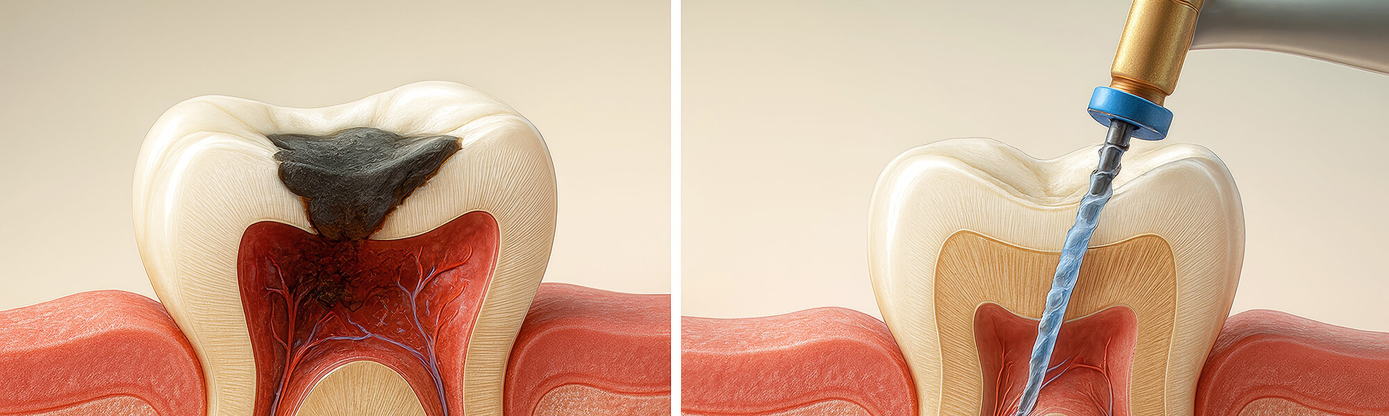 Zweiteilige Grafik: links Zahn mit tiefer Karies und geöffnetem Zahninneren, rechts Zahn während einer Wurzelkanalbehandlung mit rotierender Feile.