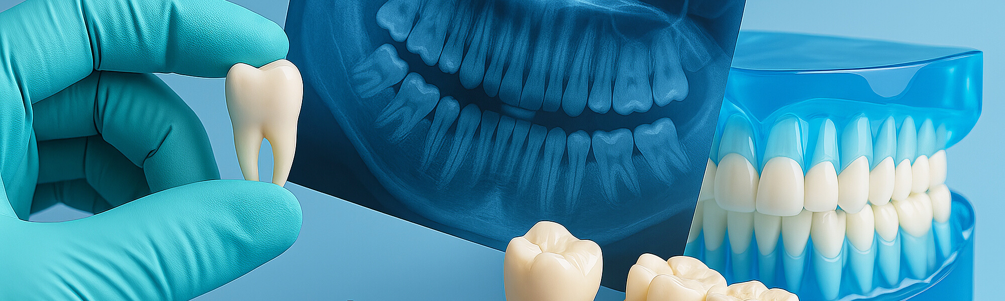Großaufnahme eines Weisheitszahns, der von einer behandschuhten Hand gehalten wird, dahinter ein Röntgenbild des Kiefers und ein blaues Gebissmodell.