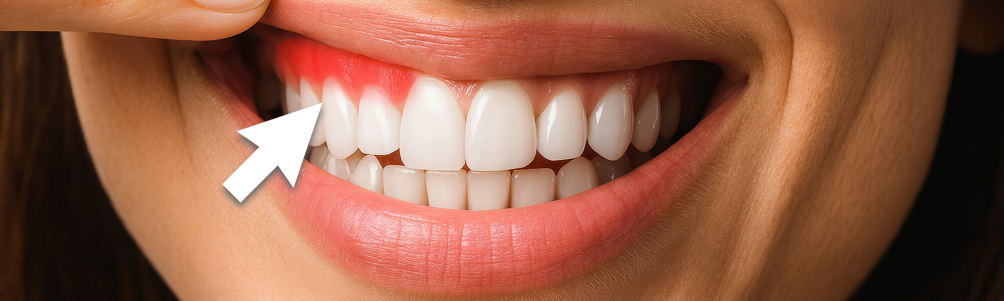 Nahaufnahme eines Lächelns, bei dem eine gerötete Zahnfleischstelle oberhalb der oberen Frontzähne mit einem Pfeil hervorgehoben ist