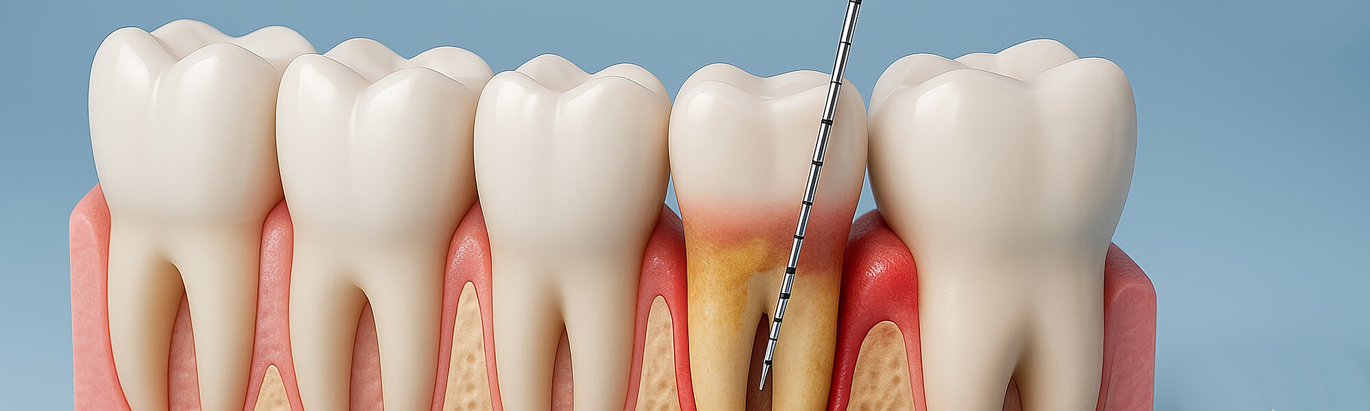 Grafische Darstellung von zwei Zahnquerschnitten zur Veranschaulichung von gesundem Zahnfleisch und Zahnfleischrückgang mit gelbem Belag