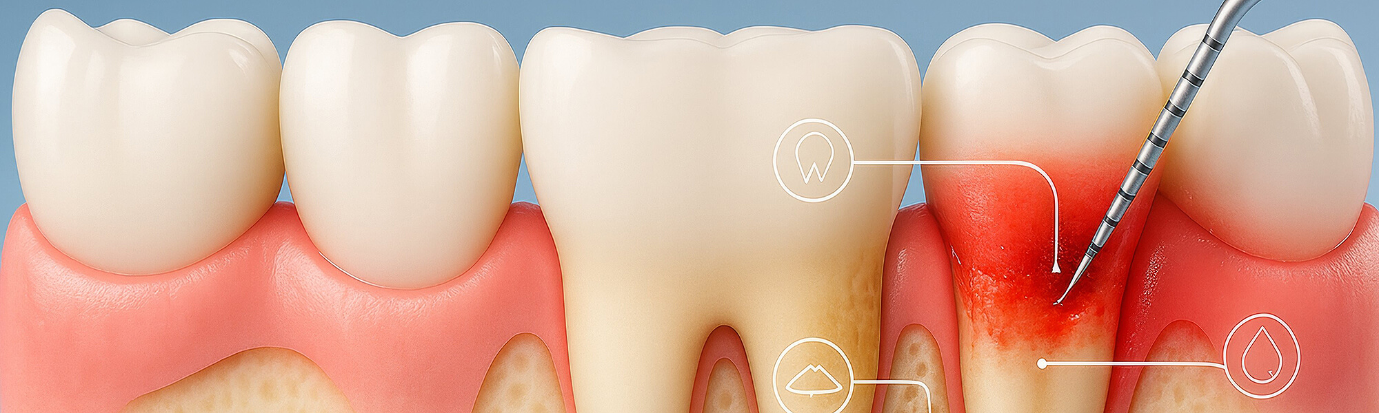 Darstellung mehrerer Zähne mit sichtbarem Zahnbelag und rotem, entzündetem Zahnfleisch sowie einer eingesetzten Parodontalsonde