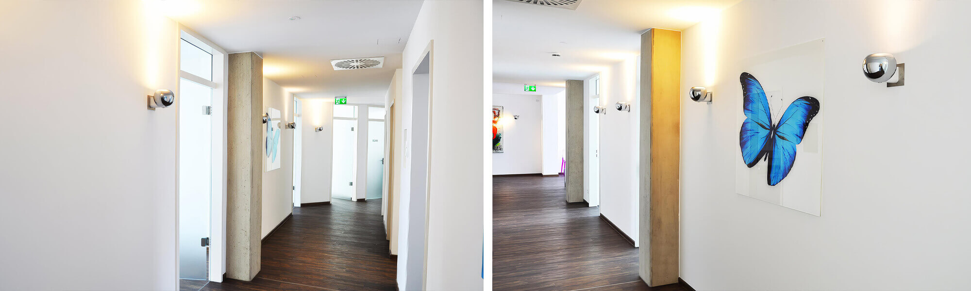 Zahnarztbehandlungsraum mit lila Behandlungseinheit und großen Fensterflächen, daneben Arbeitsfläche mit weißen Schränken