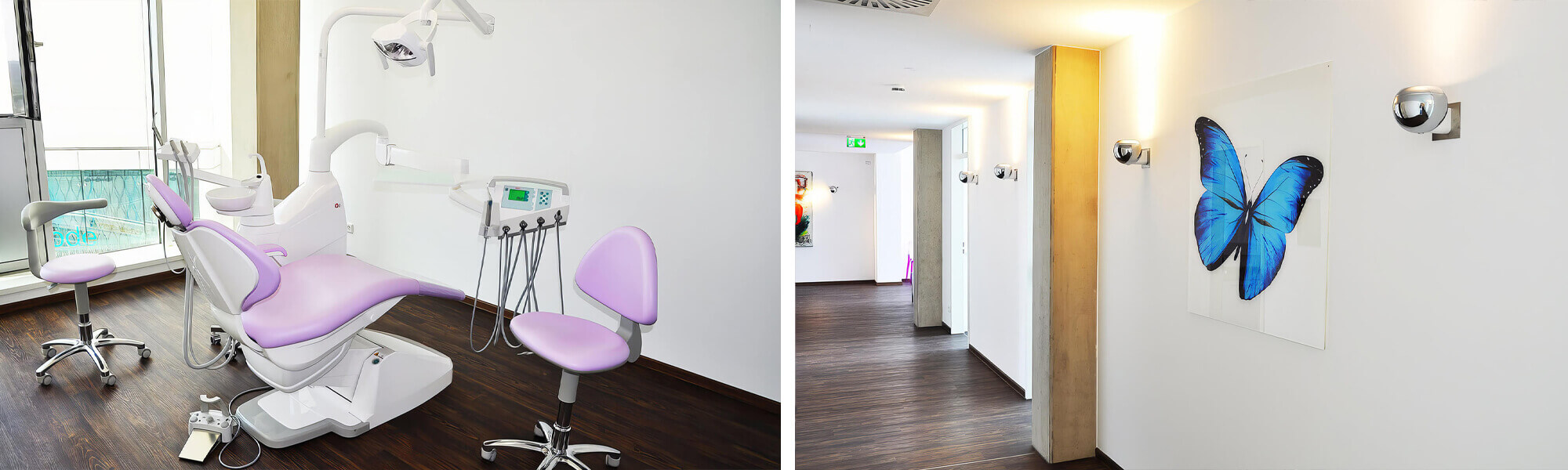 Zahnarztbehandlungsraum mit blauer Behandlungseinheit und großen Fensterfronten mit Blick auf umliegende Gebäude