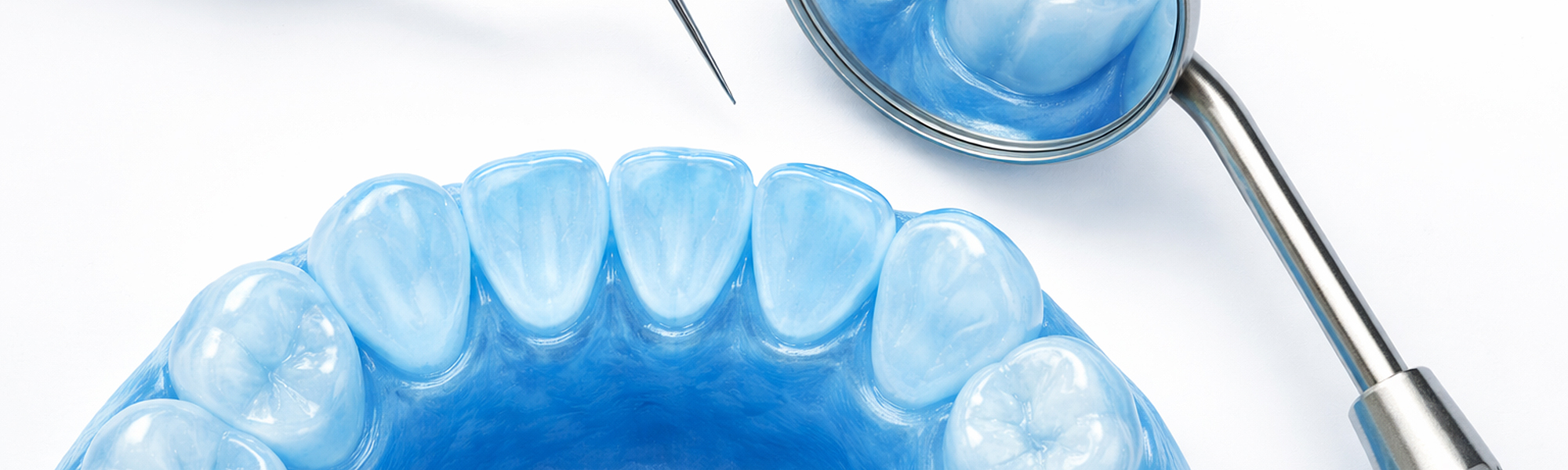 Nahaufnahme eines Zahnmodells von unten mit sichtbaren Zahnflächen und einem zahnärztlichen Spiegel darüber