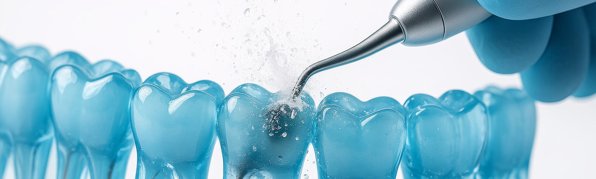 Blaues Zahnmodell, das mit einem zahnärztlichen Pulverstrahl- oder Reinigungsgerät bearbeitet wird; Wasser und Pulver spritzen auf die Oberfläche.