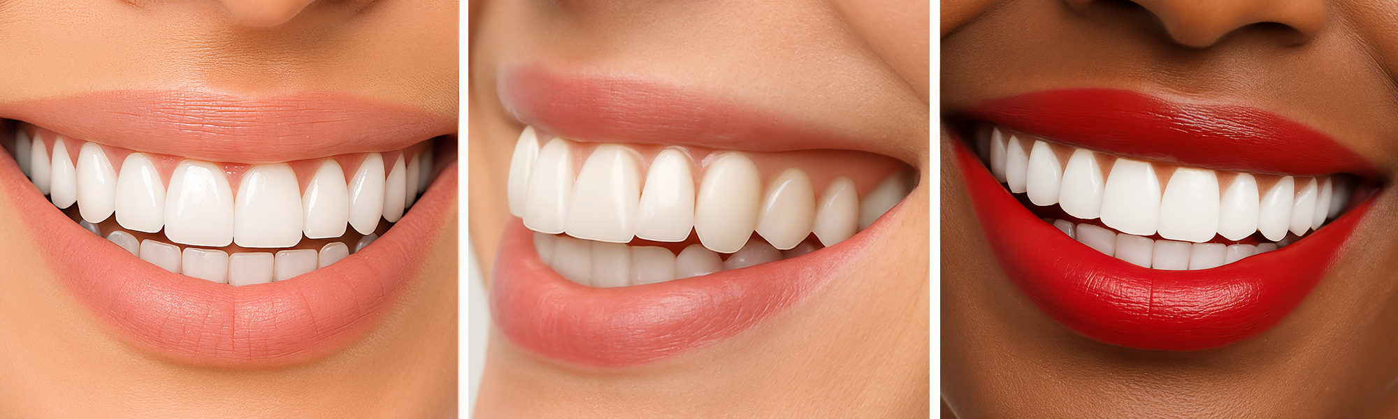 Dreiteiliges Bild mit Nahaufnahmen lächelnder Münder, die weiße, gleichmäßige Zähne zeigen.