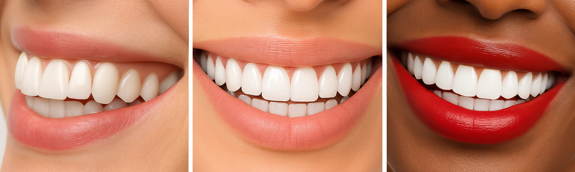 Dreiteiliges Bild mit Nahaufnahmen von lächelnden Lippen und sichtbaren weißen Zähnen.