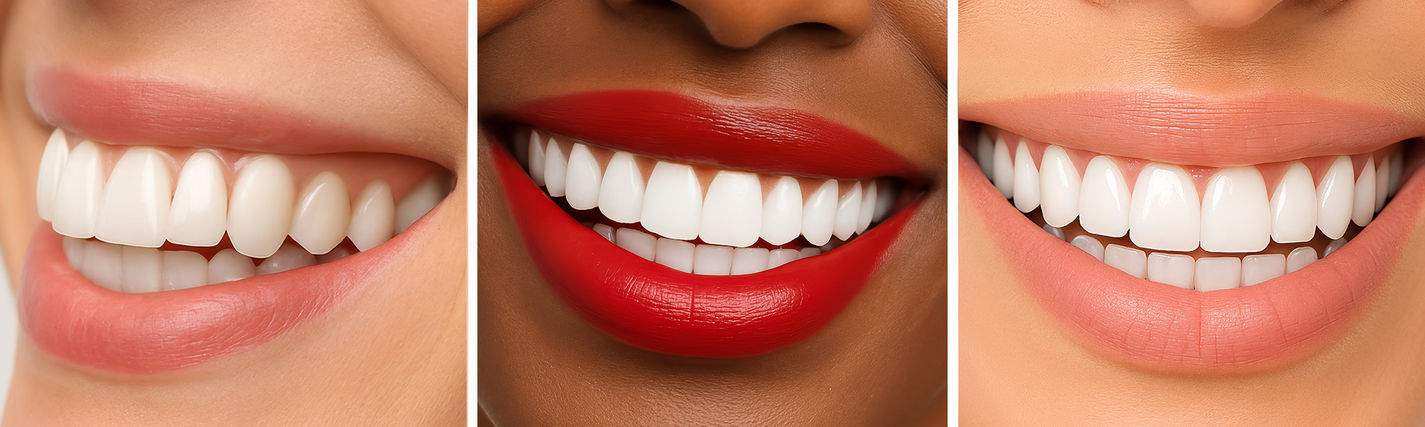 Dreiteiliges Bild mit verschiedenen Nahaufnahmen lächelnder Münder mit gepflegten Zähnen.
