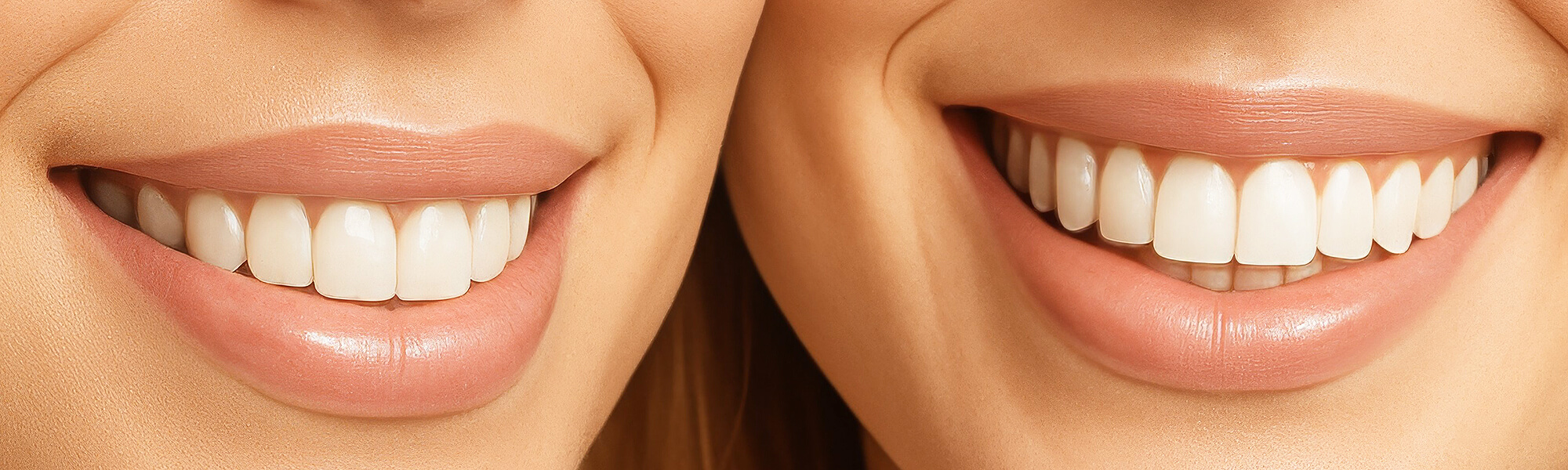 Dreiteiliges Bild mit Nahaufnahmen lächelnder Personen unterschiedlicher Hauttöne mit sichtbaren Zähnen.