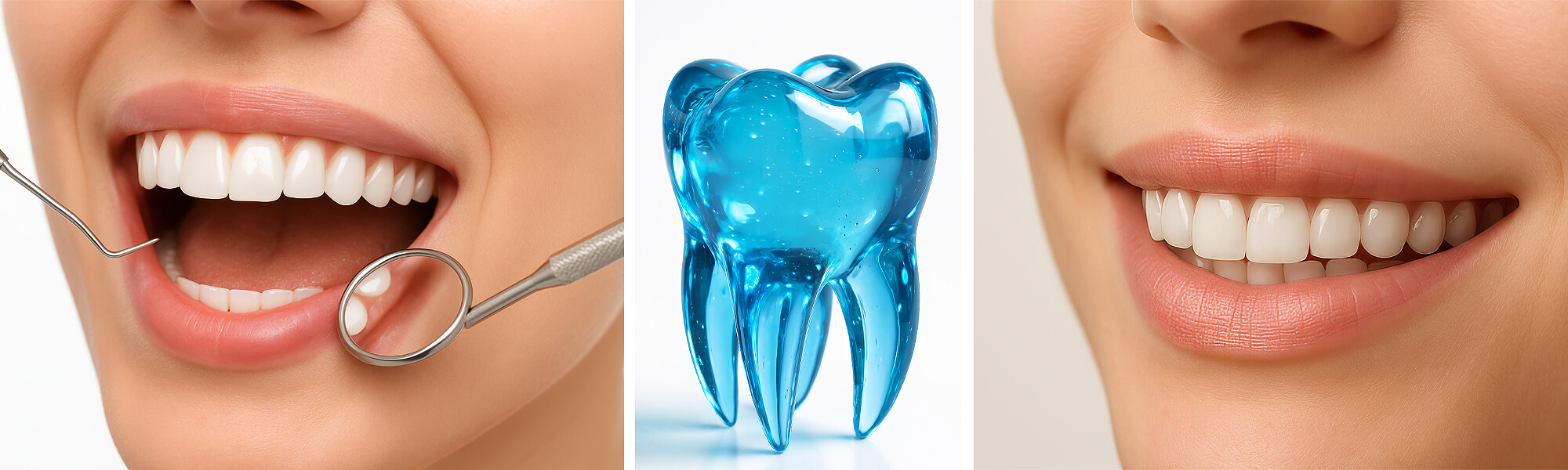 Dreiteiliges Bild mit Nahaufnahmen lächelnder Münder mit weißen, geraden Zähnen