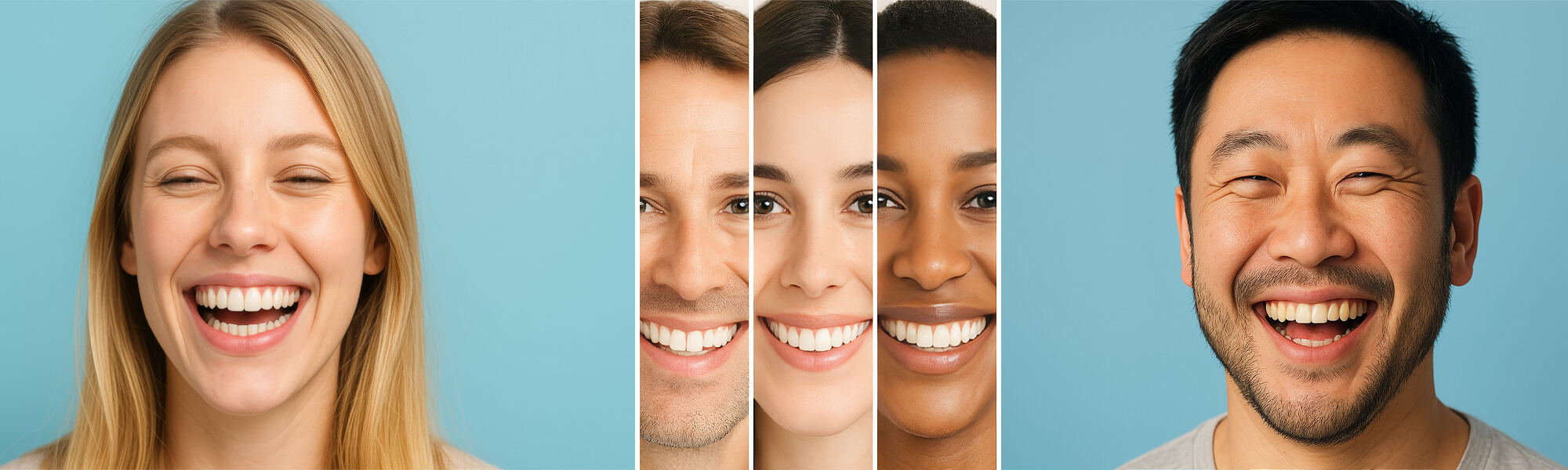 Vierseitige Kombination aus zwei voll sichtbaren lachenden Gesichtern links und rechts sowie zwei mittigen Porträt-Ausschnitten verschiedener lächelnder Personen