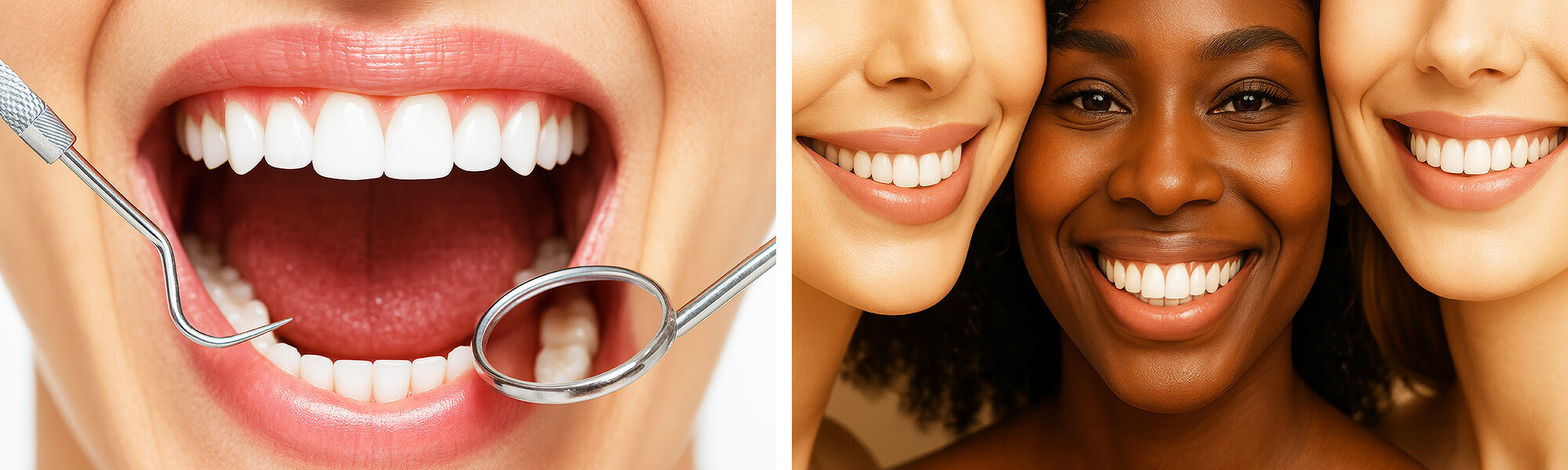 Nahaufnahme eines geöffneten Mundes mit weißen Zähnen; zahnärztliche Instrumente spiegeln die Zähne.