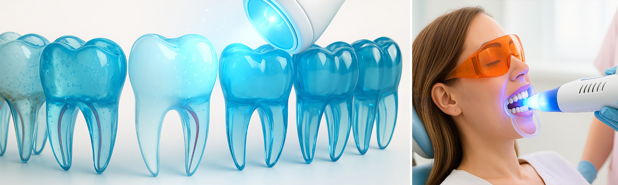 Illustration mehrerer transparenter blauer Zahnmodelle und einer Zahnaufhellungsbehandlung mit blauem Lichtgerät.