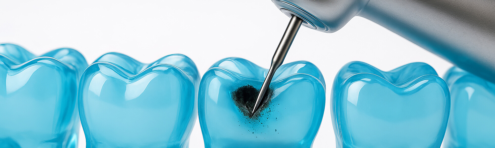 Grafische Darstellung eines blauen transparenten Zahns, bei dem mit einem Bohrer ein dunkler kariöser Bereich entfernt wir