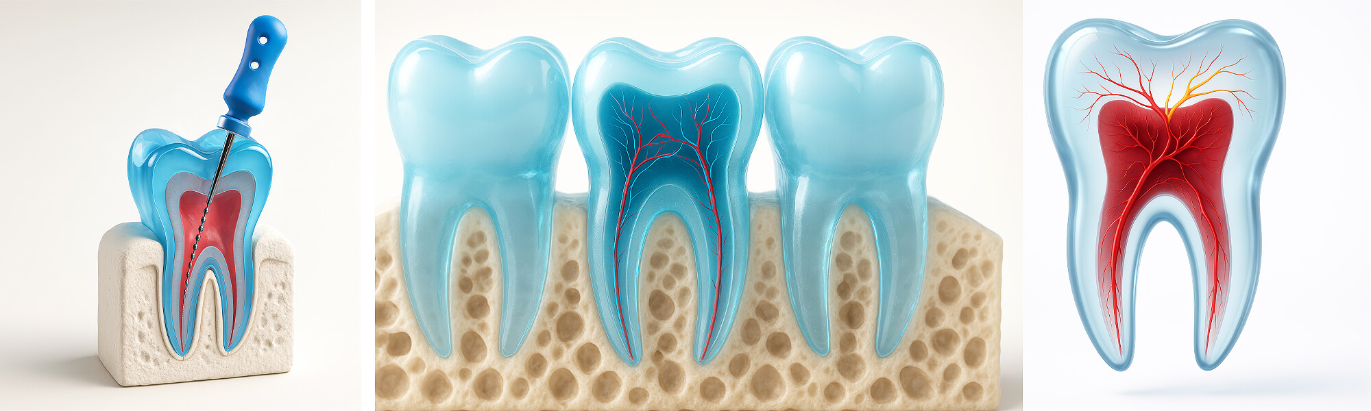 Illustration eines Kiefermodells, darstellung einer Wurzelbehandlung sowie Zähne aus Glas